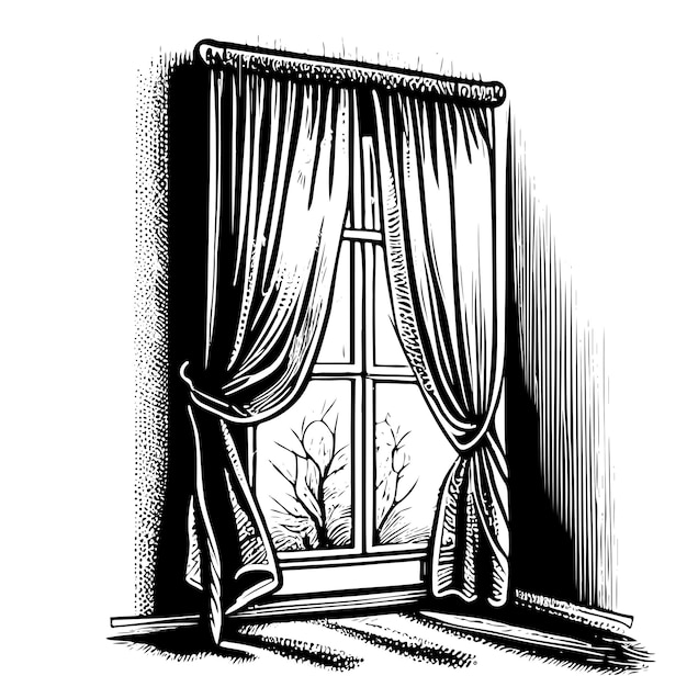 Ventana con cortinas boceto dibujado a mano en la ilustración de estilo doodle