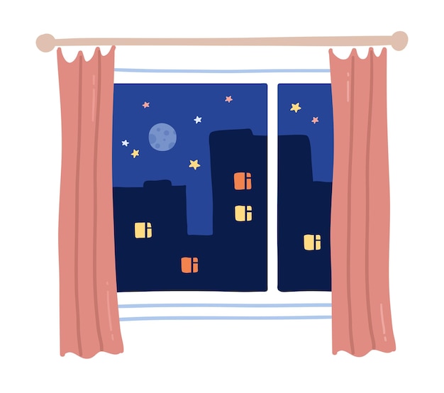 Ventana con cortinas y ciudad nocturna