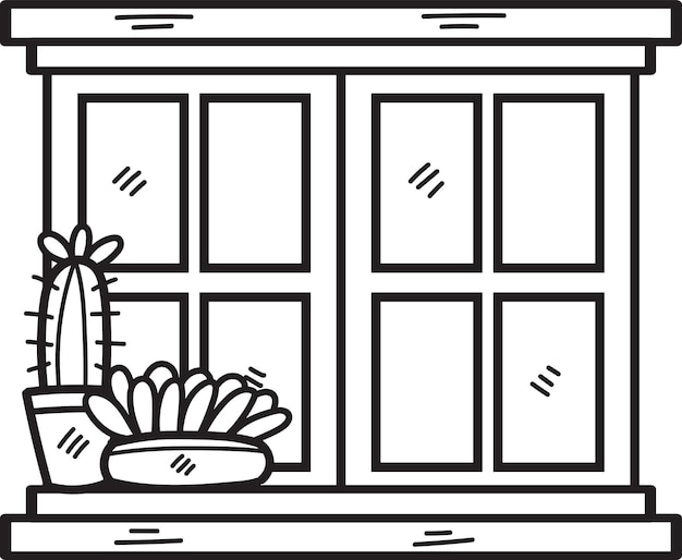 Vector ventana dibujada a mano y cactus en estilo plano