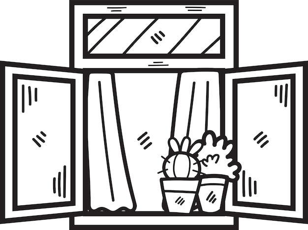 Vector ventana dibujada a mano y cactus en estilo plano