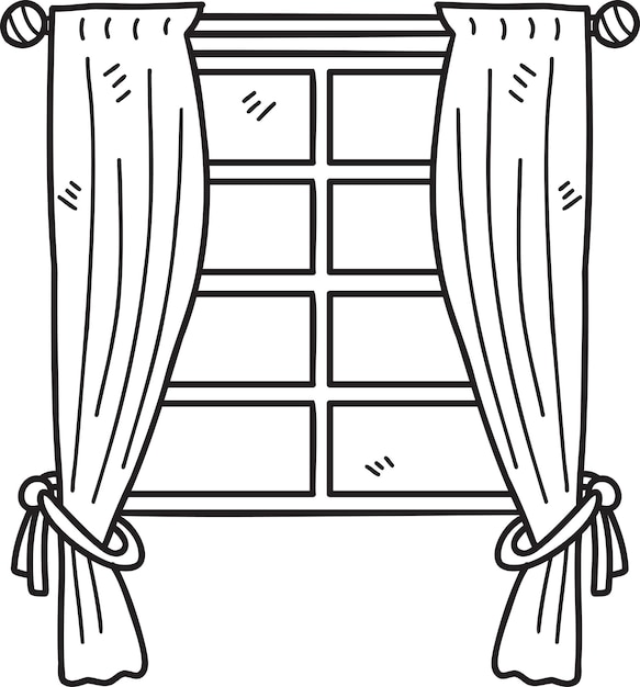 Ventana dibujada a mano con ilustración de cortinas