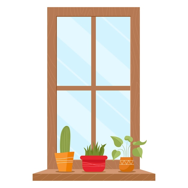 Vector ventana de dibujos animados con planta de casa en macetas elemento interior interior