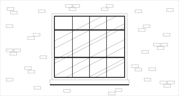 Ventana de edificio de ladrillo afuera ilustración plana de dibujos animados en blanco y negro ventana de doce paneles retro exterior residencial 2D paisaje lineal de fondo fachada urbana monocromática imagen de contorno vectorial de escena