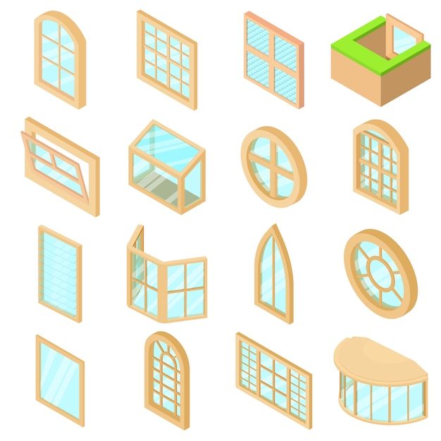 Ventana forma iconos conjunto. ilustración isométrica de 16 iconos de formas de ventana conjunto de iconos de vector para web