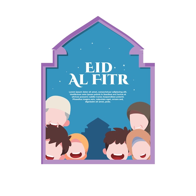 Vector una ventana con una imagen de personas y un letrero que dice eid al fitr