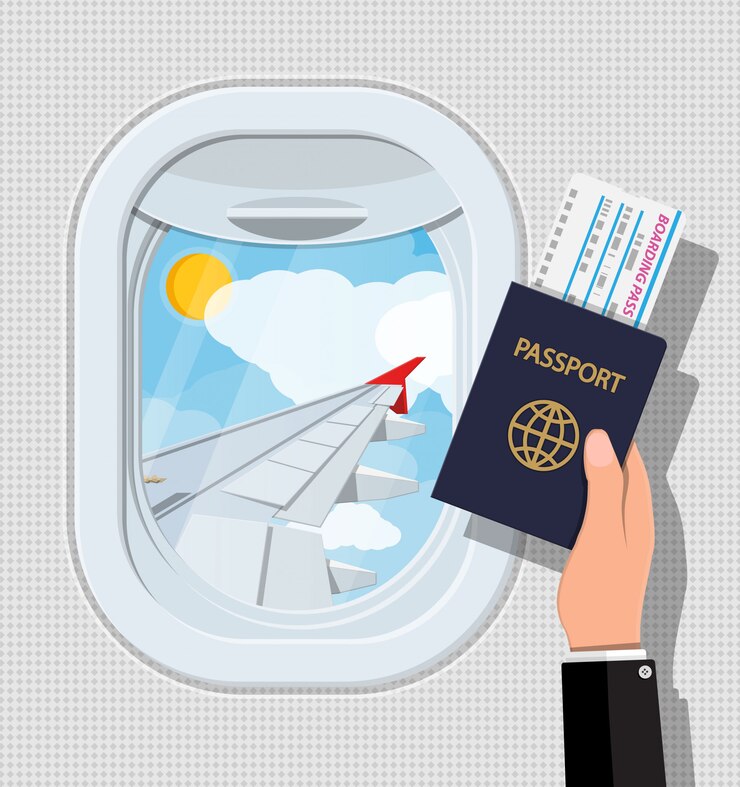 Vector ventana desde el interior del avión. mano con pasaporte y boleto. persiana y ala de ojo de buey de avión. viaje aéreo o concepto de vacaciones. ilustración en estilo plano