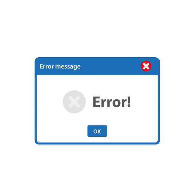 Ventana de mensaje de error sobre un fondo blanco con espacio de copia