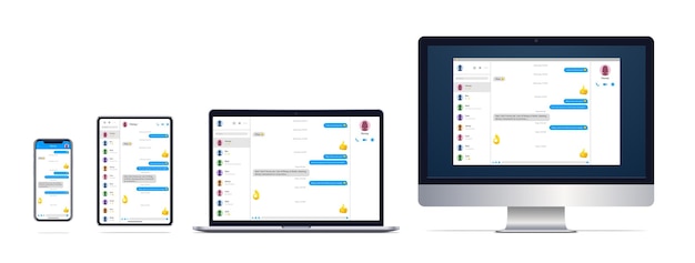Vector ventana de messenger en diferentes pantallas monitor de computadora portátil tableta teléfono inteligente ilustración vectorial