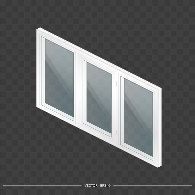 Ventana de metal-plástico blanco con cristales transparentes en 3D.
