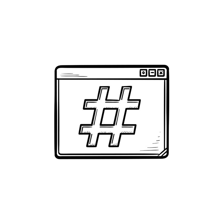 Vector ventana del navegador con el icono de doodle de contorno dibujado de mano hashtag. chat y comunicación, blog, concepto de redes sociales.