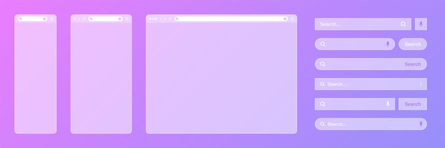 Ventana de navegador de Internet transparente en blanco con varias plantillas de barra de búsqueda motor de sitio web con