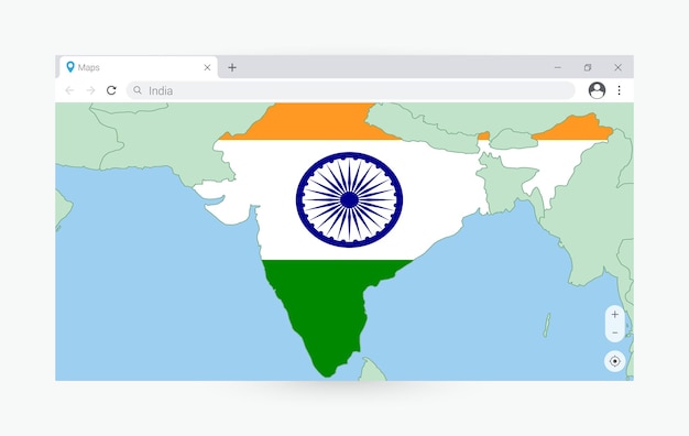 Vector ventana del navegador con el mapa de la india buscando la india en internet