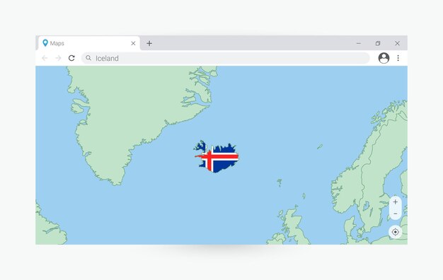 Ventana del navegador con el mapa de Islandia buscando Islandia en Internet