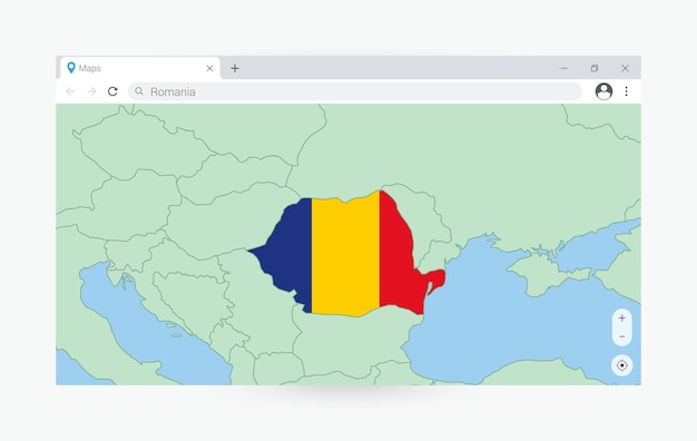 Vector ventana del navegador con el mapa de rumania buscando rumania en internet