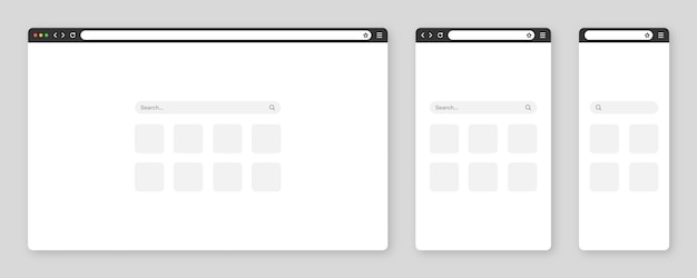 Ventana del navegador web en blanco con barra de herramientas y campo de búsqueda Página de Internet del sitio web moderno en estilo plano Maqueta del navegador para computadora, tableta y teléfono inteligente Modo claro y oscuro Ilustración vectorial