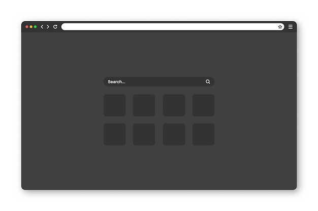 Ventana del navegador web en blanco con barra de herramientas y campo de búsqueda Página de Internet del sitio web moderno en estilo plano Maqueta del navegador para tableta de computadora y teléfono inteligente Interfaz de usuario adaptable modo oscuro Ilustración vectorial