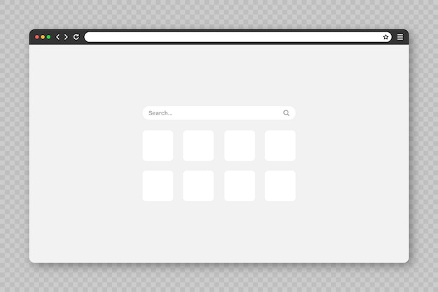 Vector ventana de navegador web en blanco con barra de herramientas de pestaña y campo de búsqueda página de internet de sitio web moderno en plano