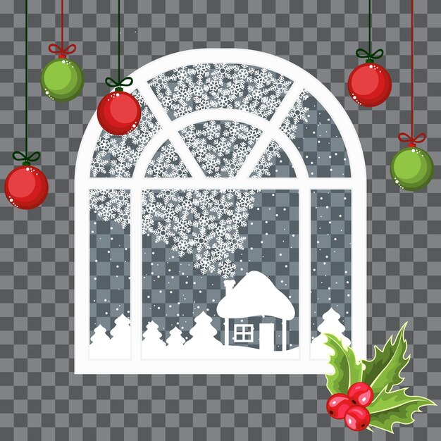 Ventana de Navidad con casas de papel pinos y copos de nieve Feliz Navidad