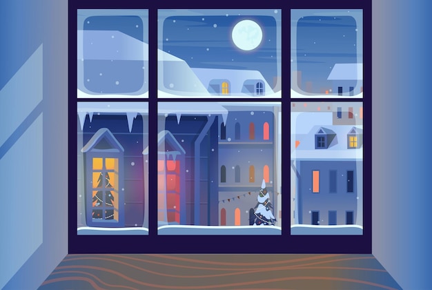 Vector ventana de navidad con paisaje invernal fachadas de casas en invierno por la noche feliz navidad greeti