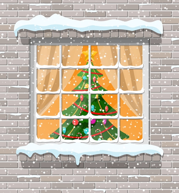 Ventana de navidad en pared de ladrillo. salón con navidad. feliz año nuevo decoración. feliz navidad. celebración de año nuevo y navidad. estilo plano de ilustración