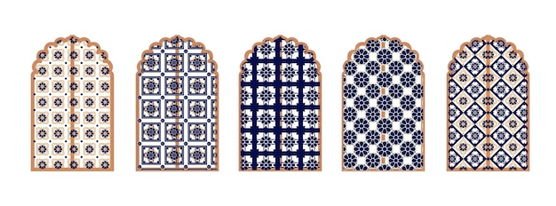 Ventana o puerta islámica Marco decorativo Cúpula de mezquita y linternas Conjunto de vectores