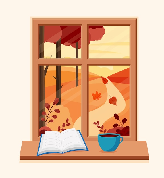 Ventana de otoño con paisaje con un libro y una taza de café en el alféizar. ilustración de vector de estilo plano eps 10