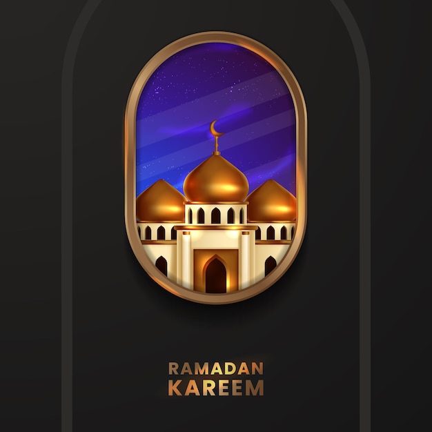 Ventana oval con cúpula dorada de mezquita paisaje elegante lujo para ramadan kareem saludo islámico