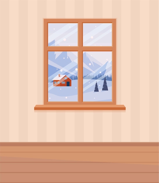 En la ventana del paisaje invernal. ilustración de vector de estilo de dibujos animados plana. eps 10