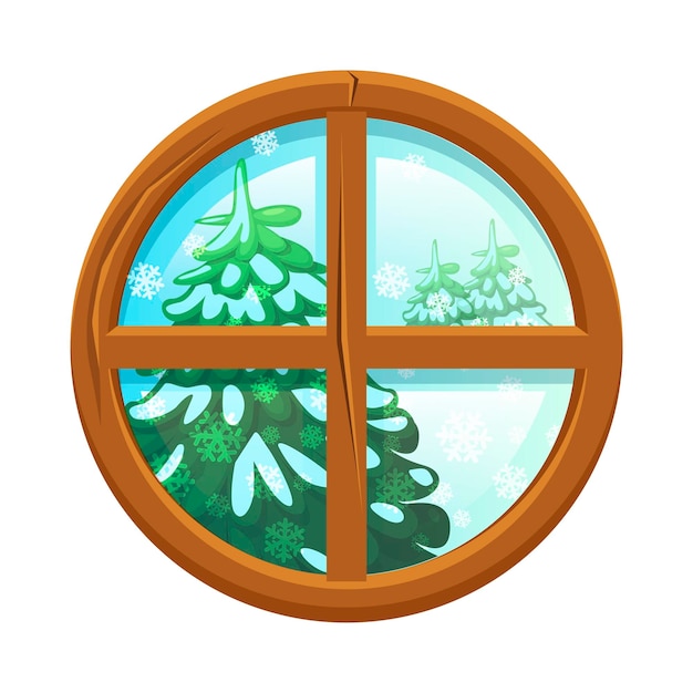 Una ventana con un paisaje de invierno nevada y árboles Ilustración vectorial estilo dibujos animados Vista desde la casa a la naturaleza en la temporada de invierno