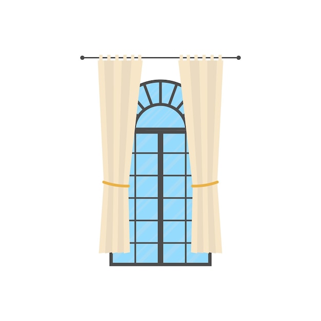 Ventana panorámica con cortina Estilo de dibujos animados aislado