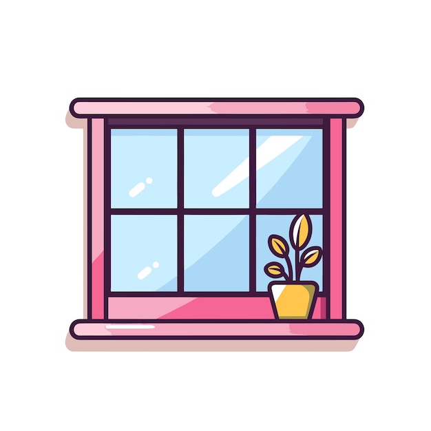 Vector una ventana con una planta y una maceta con una planta.