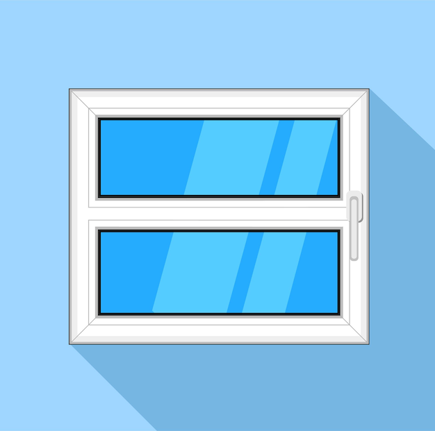 Vector ventana de plástico con cristal de cielo azul e icono de mango. ilustración plana de una ventana de plástico con vidrio de cielo azul y un icono de vector de manija para web sobre fondo azul claro