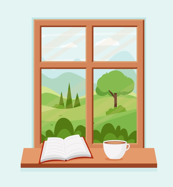 Vector ventana de primavera con paisaje con un libro y una taza de café en el alféizar ilustración vectorial en estilo plano eps 10