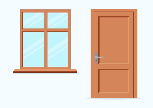 Ventana y puerta. Ilustración de vector de estilo de dibujos animados plana.