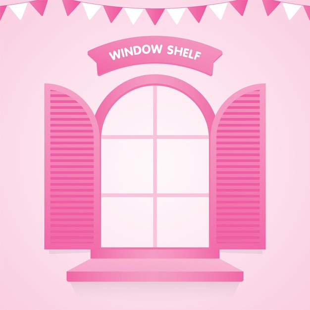 Ventana rosa femenina con estante y letrero en vector de ilustración 3d de fondo pastel