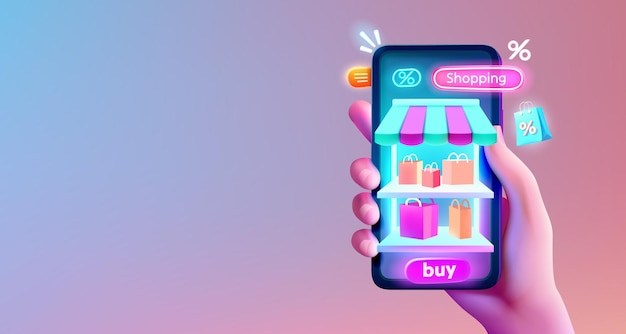 La ventana de la tienda en el mercado en línea de descuentos y intereses de compra de teléfonos inteligentes Vector