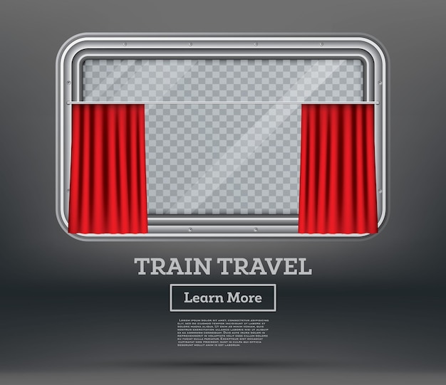 Ventana de tren con cortina roja y espacio de copia viaje en tren