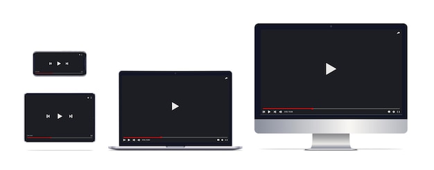 Ventana de video en diferentes pantallas Monitor de computadora portátil tableta teléfono inteligente Ilustración vectorial