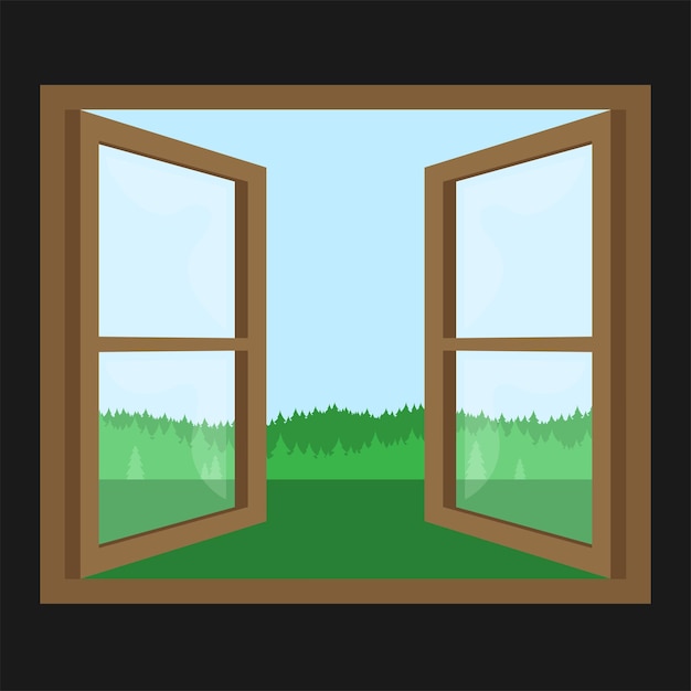 Vector ventana con vistas al paisaje invernal estilo plano de dibujos animados ilustración vectorial