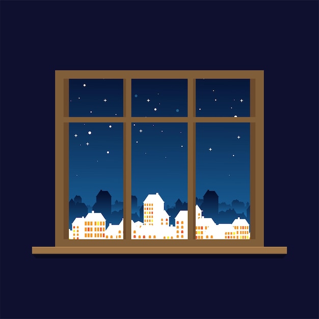 Ventana con vistas al paisaje invernal estilo plano de dibujos animados ilustración vectorial