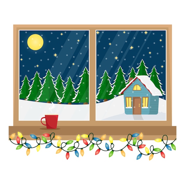 Una ventana con vistas a la casa decorada en el bosque. ventana de navidad con guirnalda. ilustración de dibujos animados