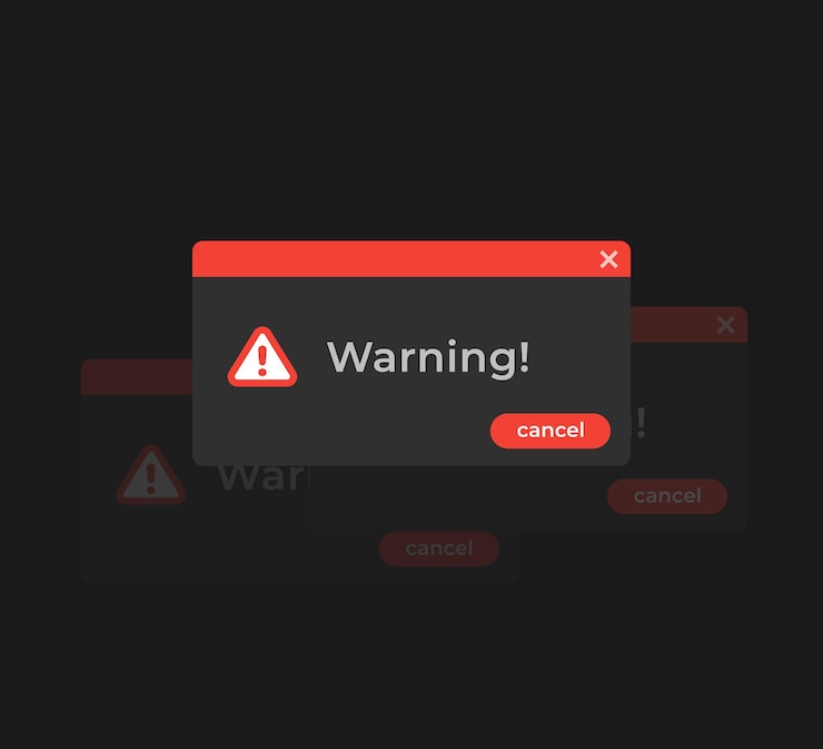 Vector ventanas de alerta de advertencia, diseño vectorial, modo oscuro