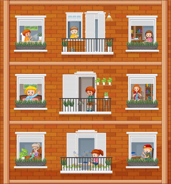 Vector ventanas de apartamentos con personajes de dibujos animados de vecinos