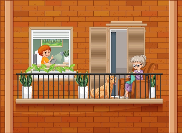 Ventanas de apartamentos con personajes de dibujos animados de vecinos