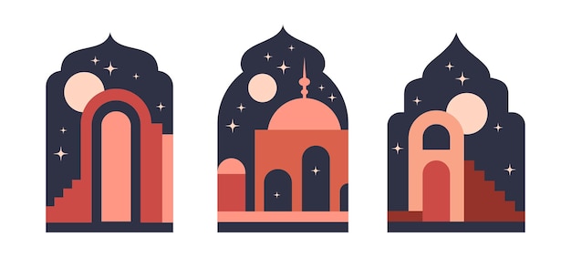 Ventanas de arco árabe Palmeras y vista nocturna árabe en marcos de arco oriental conjunto de ilustración de vector plano
