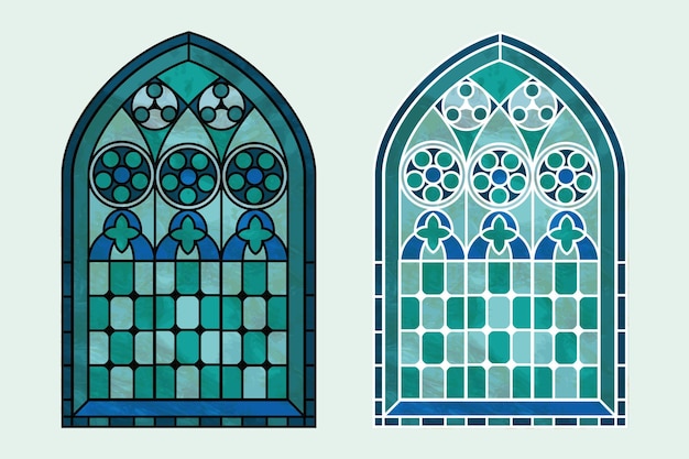 Ventanas de arco de vidrieras en tonos fríos formato vectorial EPS10