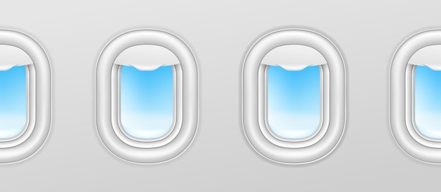 Ventanas de aviones. iluminadores de aviones, ojos de buey de avión transparente vector exterior con cielo azul en el exterior. ilustración de vuelo en avión, vista interior con ojo de buey