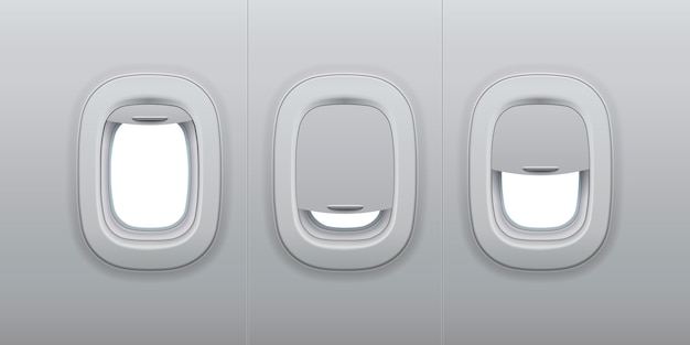 Vector ventanas de aviones. ojos de buey interiores de avión, ventana interior de avión y ojo de buey de vidrio de fuselaje ilustración 3d