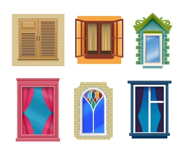 Ventanas de la casa, dibujos animados planos, diseño moderno y retro. ventanas con marcos abiertos y cerrados de vidrieras con cortinas, contraventanas y antepechos en ladrillo y marcos de ventanas de plástico