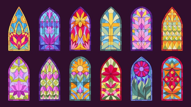 Vector ventanas de la iglesia de mosaico ventanas de vidrieras de dibujos animados marcos de mosaico abstractos decorativos conjunto de ilustración de vector plano ventanas de arco de cafedral